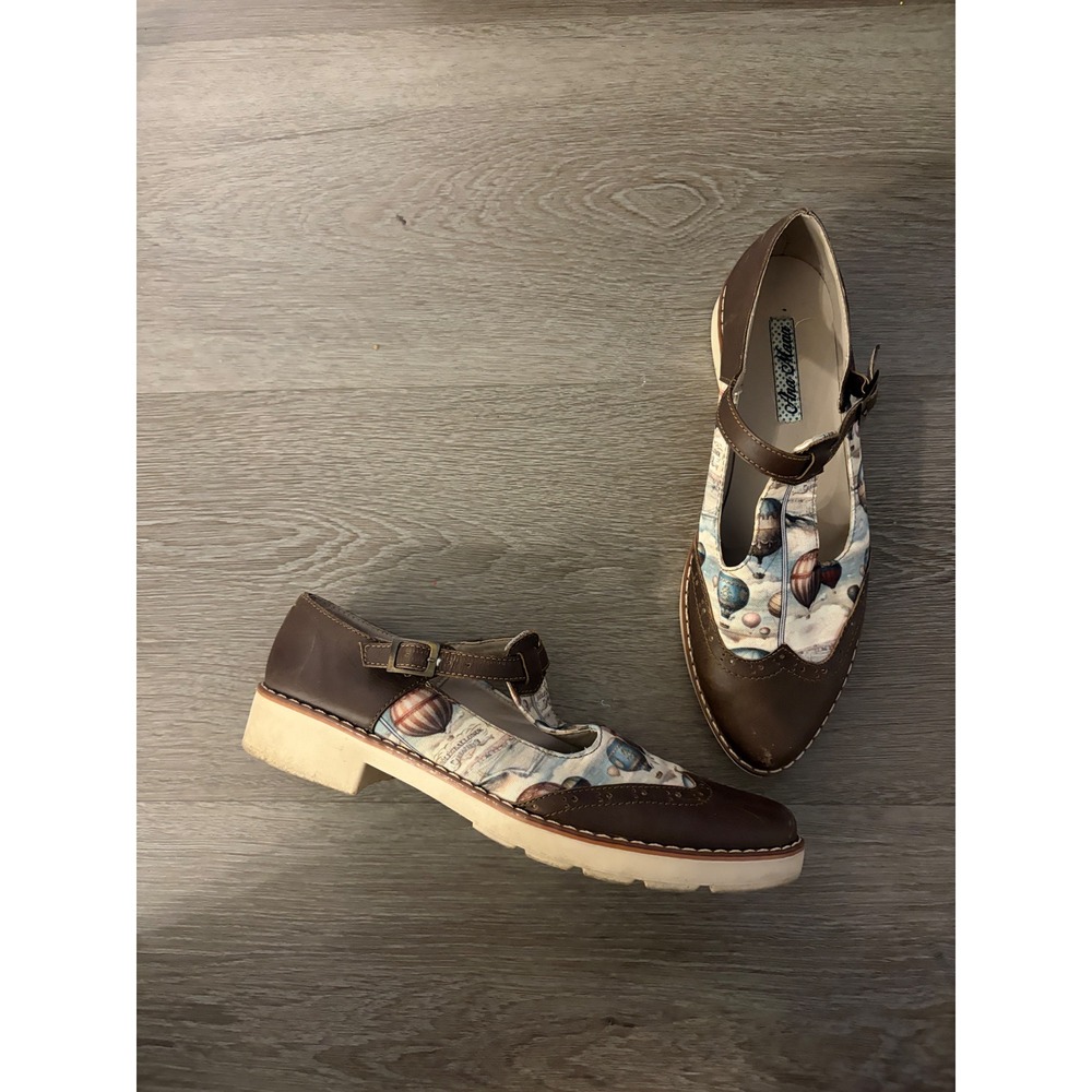 Ana Maria Hot Air Balloon Mary Jane Flats Brown Wingtip Brogue T-Strap Shoes 39